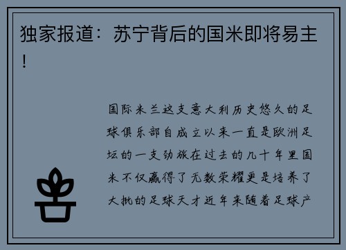 独家报道：苏宁背后的国米即将易主！