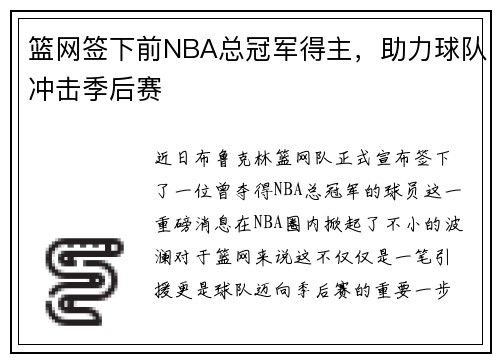篮网签下前NBA总冠军得主，助力球队冲击季后赛
